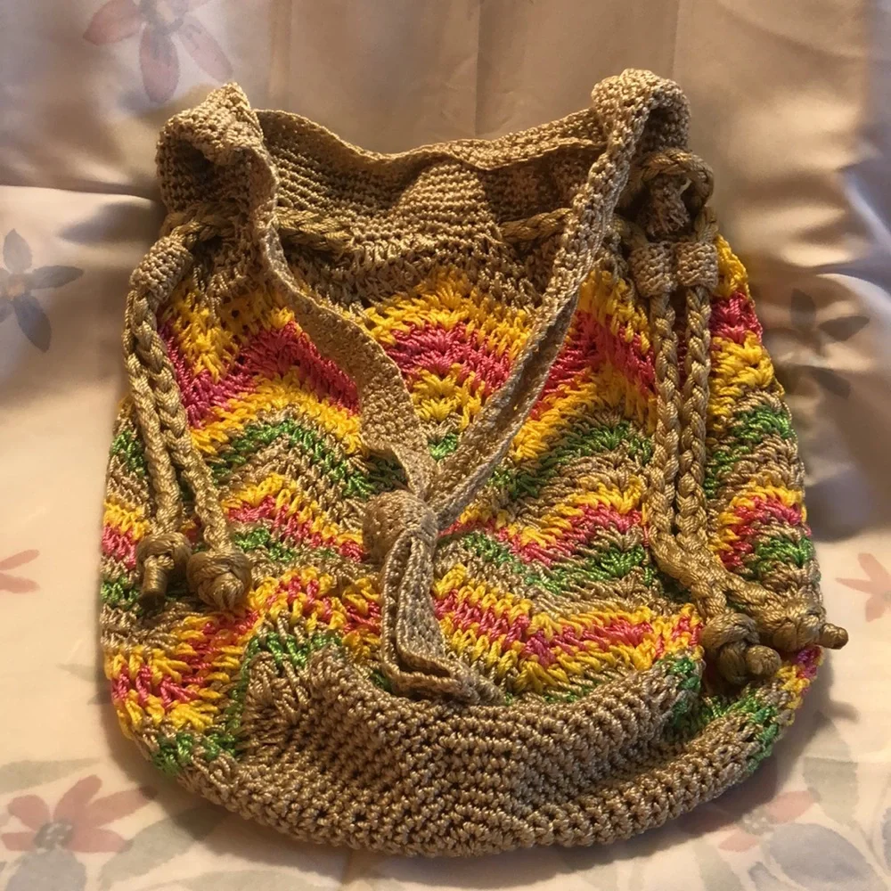 Braciano Boho Crochet/Woven Rainbow Striped  Braided Hippie Bag 16x13”-12” drop